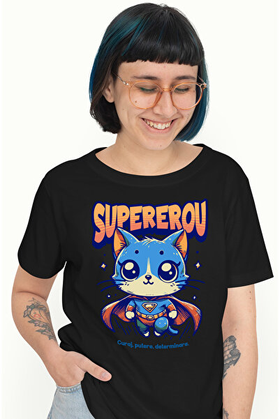 StoryGift Romania Tricou Femei Super Erou, SuperErou, Pisica Zburand, cu impr...