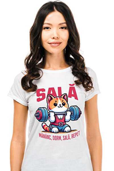 StoryGift Romania Tricou Femei Pisica ridicand bara greutati sala mananc dorm...