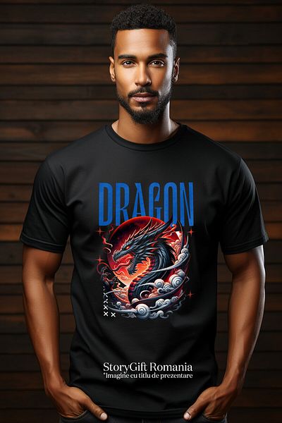 StoryGift Romania Tricou Barbati cu Cultura Chinezeasca Dragon Furios Cu coarne si Flacari, Planet,Black_M