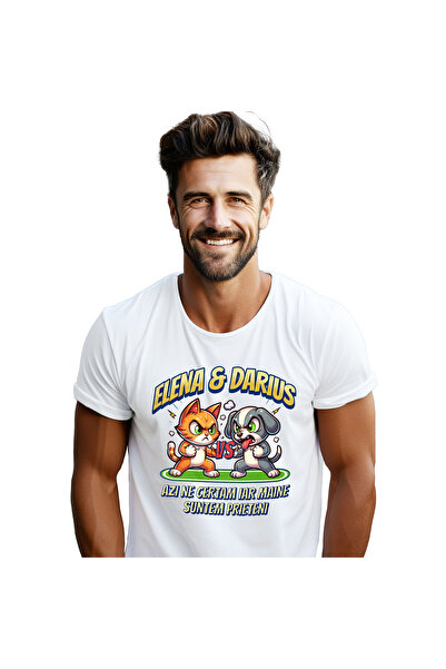 StoryGift Romania Tricou Barbati cu Pisica si Caine Lupta Box Aniamle Blanoas...