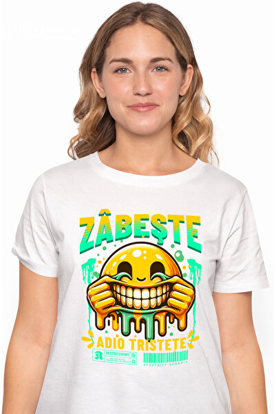StoryGift Romania Tricou Femei Zâmbeste. Adio tristeţe smiley face chinuit cu imprimeu pe Fata, 1 WHT_S