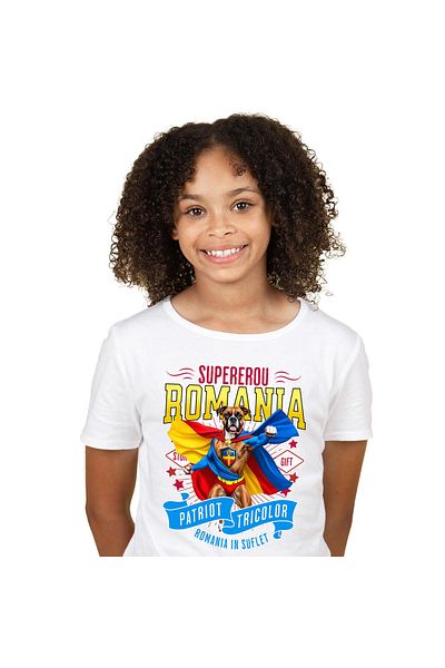 StoryGift Romania Tricou Copii cu Boxer Caine In Costum de Capitan Romania cu Pelerina, Erou Noctu,White_6ANI