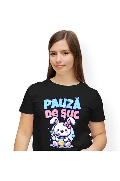 StoryGift Romania Women's T-shirt with Pink Rabbit with Bow and Glass of Natural Orange Juice, Bautu, Black_S