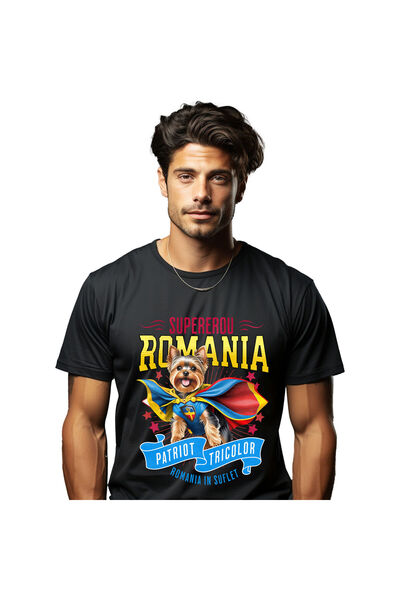 StoryGift Romania Men's T-Shirt with Yorkshire Terrier Dog in Captain Romania Costume with Capes, Black_XL