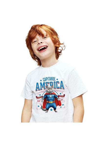 StoryGift Romania Tricou Copii cu Siamez / Siamese Pisica In Costum de Capitan America cu Pelerina,White_6ANI
