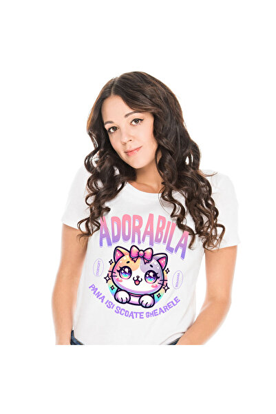StoryGift Romania Tricou Femei cu Pisica Multicolor Cu Funda Si Ochii Straluc...