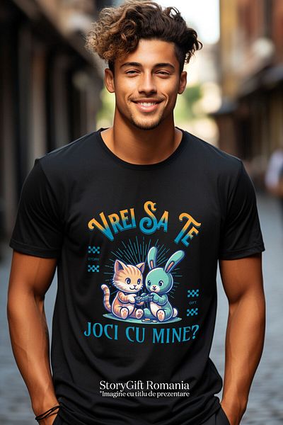 StoryGift Romania Men's T-Shirt with Animal Pair Orange Cat Gamer, Video Games Cartoons A,Black_XL