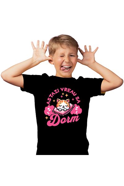 StoryGift Romania Kids T-Shirt with Orange Cat Sleeping on Pink Pillow, Sleep, Fluffy Animal with i,Black_12ANI