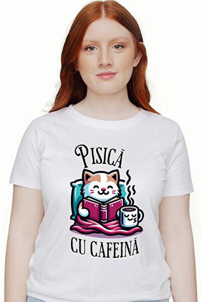 StoryGift Romania Tricou Femei Pisica cu cafeina citind, o vineri seara perfe...