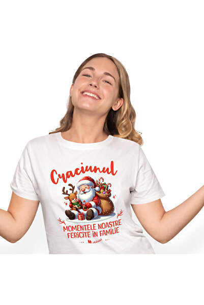 StoryGift Romania Tricou Femei cu Mos Craciun Animat Cu Ren Si Sac de Cadouri...