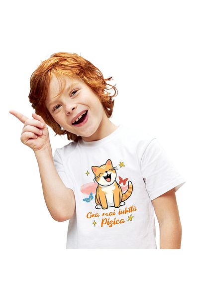 StoryGift Romania Kids T-Shirt with Cheerful Orange Cat with Furry Smile, M Lovers, White_6 YEARS