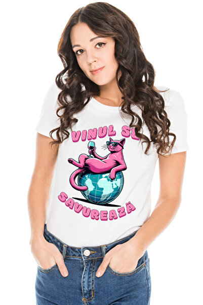 StoryGift Romania Tricou Femei savureaza vinul pisica cu ochelarii de soare c...