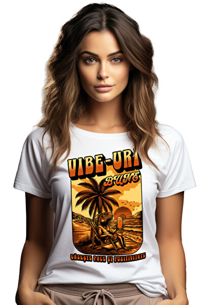 StoryGift Romania Tricou Femei Reptila stand la plaja, vacanta,Vibe-uri bune cu imprimeu pe Fata, WHT_XL