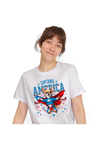 StoryGift Romania Tricou Femei cu Chihuahua Caine In Costum de Capitan Americ...