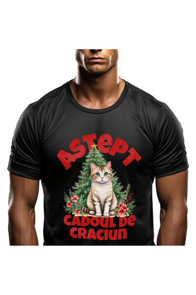 StoryGift Romania Tricou Barbati cu Pisica Pufoasa Langa Bradul De Craciun, I...