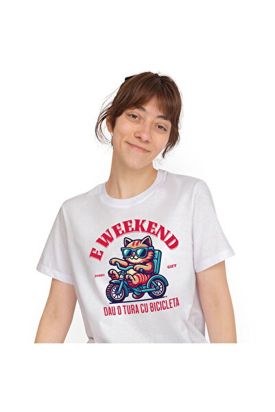 StoryGift Romania Tricou Femei cu Motan Cu Ochelari De Soare Pe Tricicleta We...