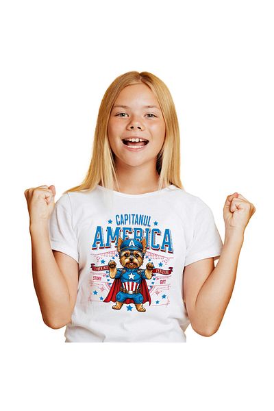 StoryGift Romania Tricou Copii cu Yorkshire Terrier Caine In Costum de Capitan America cu Pelerina,White_6ANI