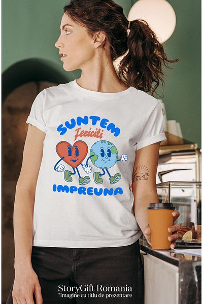 StoryGift Romania Tricou Femei cu Inima Si Planeta Pamant Cuplu Prietenie Dragoste Cuplu cu imprim,White_S