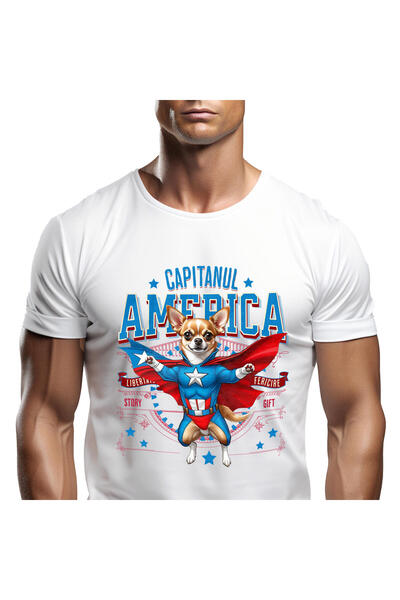 StoryGift Romania Men's T-Shirt with Chihuahua Dog in Captain America Costume with Cape, Hero, White_XL