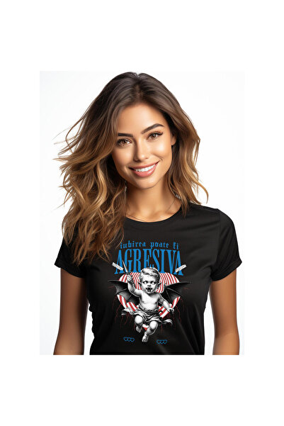 StoryGift Romania Tricou Femei cu Bebe Cu aripi Diavol Si Cutit Agresiv, Drag...