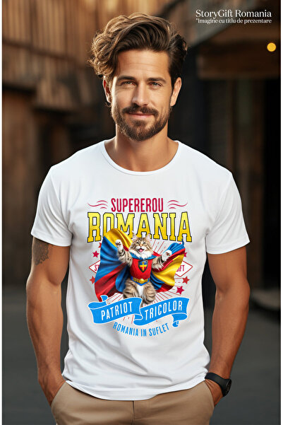 StoryGift Romania Men's T-Shirt with Maine Coon Cat in Captain Romania Costume with Cape, Er,White_XL