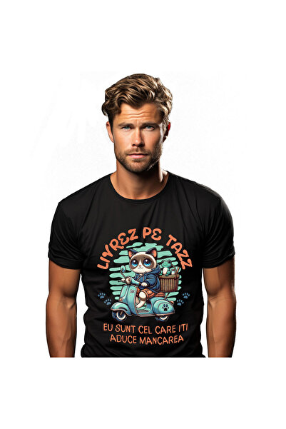 StoryGift Romania Tricou Barbati cu Pisica Pe Scuer Albastru Cu Cos De Picnic...