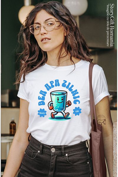 StoryGift Romania Tricou Femei cu Pahar De apa In Mers Zambitor Gata De Aventura Hidratare, Apa Cu,White_XS
