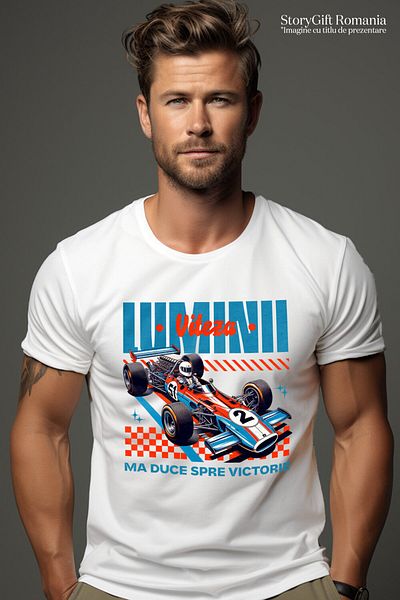 StoryGift Romania Tricou Barbati cu Masina De Curse Cu Sofer Formula 1 Colorata Viteza Luminii cu ,White_M