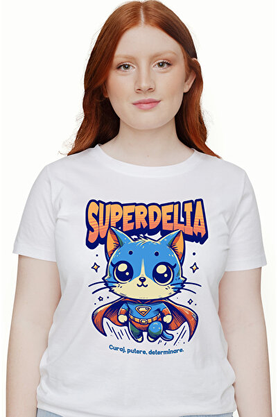StoryGift Romania Tricou Femei Super Delia, SuperErou, Pisica Zburand, cu imp...