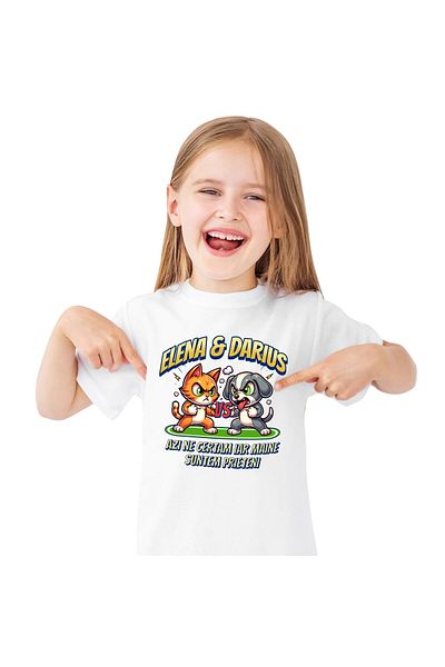StoryGift Romania Tricou Copii cu Pisica si Caine Lupta Box Aniamle Blanoase, Prieteni Cearta cu i,White_10ANI