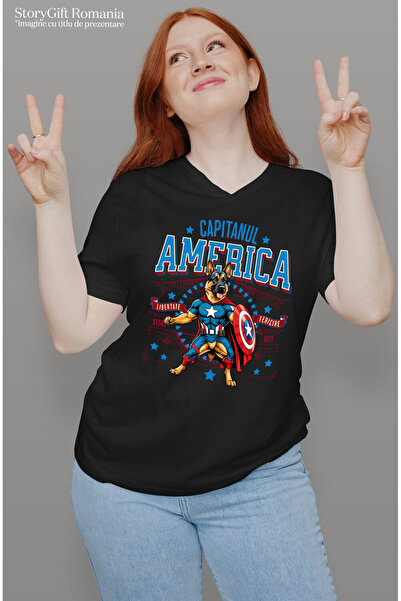 StoryGift Romania Women's T-shirt with German Shepherd Dog in Captain Am Costume,Black_XL