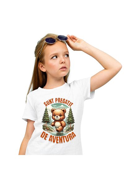 StoryGift Romania Children's T-shirt with Brown Plush Bear in the Crystal Water River Forest, Nature Lovers, White_12ANI