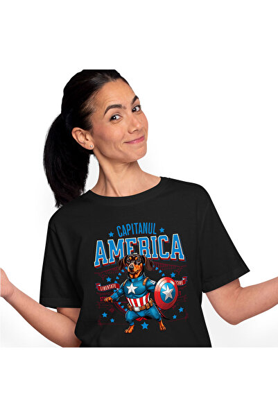StoryGift Romania Women's T-shirt with Dachshund Dog in Captain America Costume with Cape, Black_XL