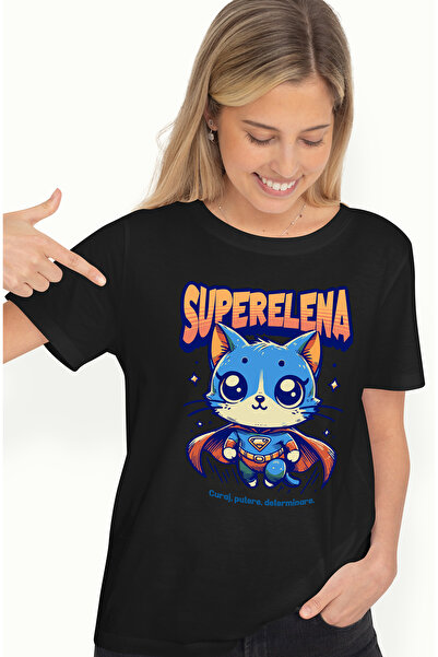 StoryGift Romania Tricou Femei Super Elena, SuperErou, Pisica Zburand, cu imprimeu pe Fata, 100% BLK_XS