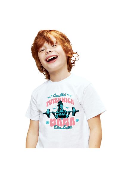 StoryGift Romania Tricou Copii cu Femeie Cea Mai Puternica Mama Din Lume Iubire Familie, Energie, ,White_12ANI