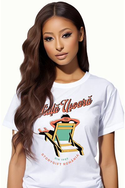 StoryGift Romania Tricou Femei Viata usoara om pe sezlong relaxare vacanta cu imprimeu pe Fata, 10 WHT_L