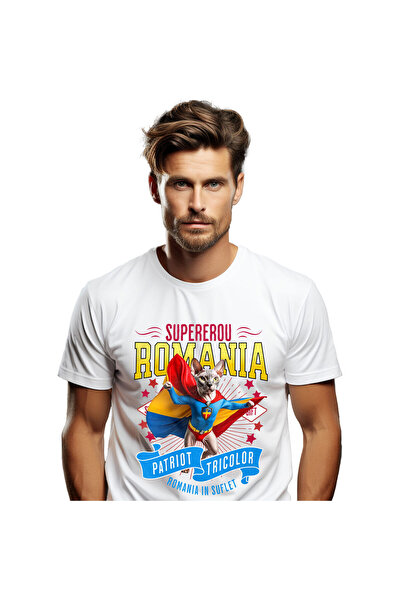 StoryGift Romania Men's T-Shirt with Sphynx Cat in Captain Romania Costume with Cape, Hero N,White_M
