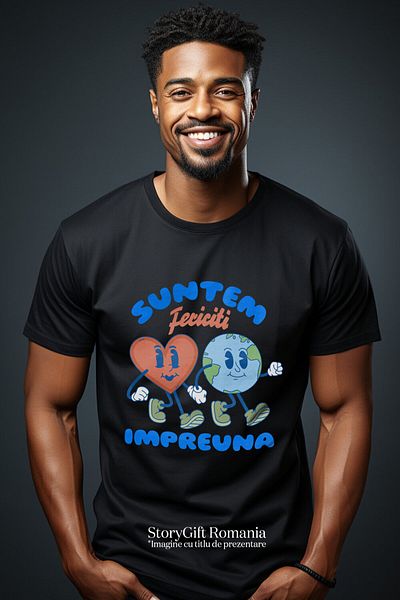 StoryGift Romania Tricou Barbati cu Inima Si Planeta Pamant Cuplu Prietenie Dragoste Cuplu cu impr,Black_XS
