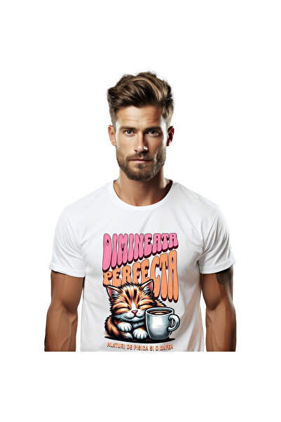 StoryGift Romania Tricou Barbati cu Pisica Somnoroasa Cu Cana De Cafea, Dimin...