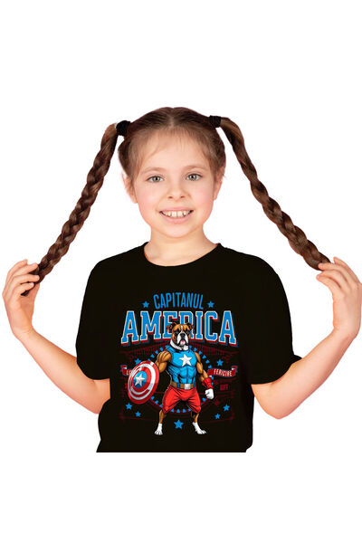 StoryGift Romania Kids T-shirt with Boxer Dog in Captain America Costume with Cape, Hero Noctu, Black_8ANI
