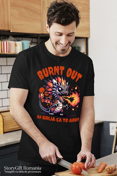 StoryGift Romania Men's T-Shirt with Orange Dragon Baby Flames, Fairy Tales and Legends, Drawings Ani, Black_XS