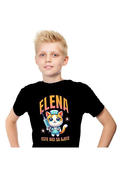 StoryGift Romania Tricou Copii cu Pisica Galbena Motan In Costum Medical Doctor Cu Seringa Imensa ,Black_6ANI