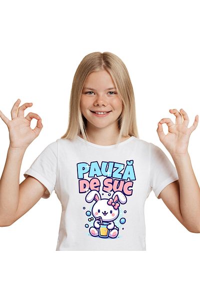 StoryGift Romania Children's T-shirt with Pink Rabbit with Bow and Glass of Natural Orange Juice, Drinking, White_8ANI