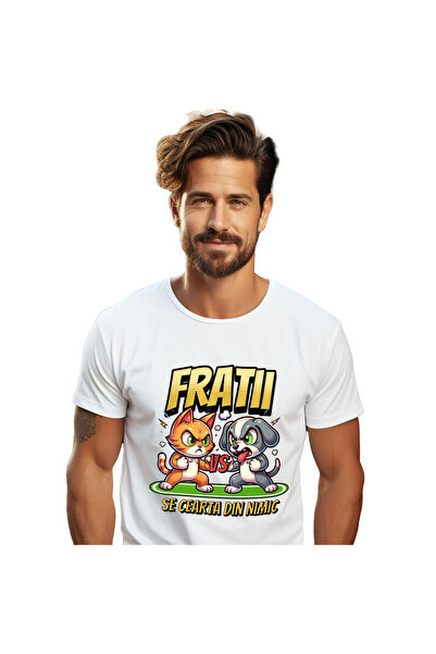 StoryGift Romania Tricou Barbati cu Razboi Pisica Si Caine, Fratii, Lupta, Ce...
