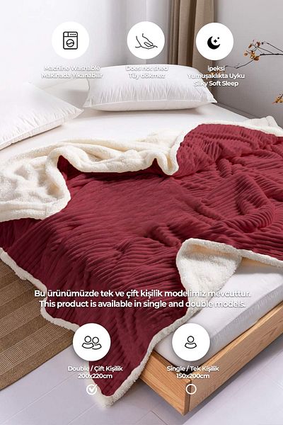 Evlen Home Collection Sherpa Blanket - Double, Soft Plush Wellsoft Bedspread Claret Red