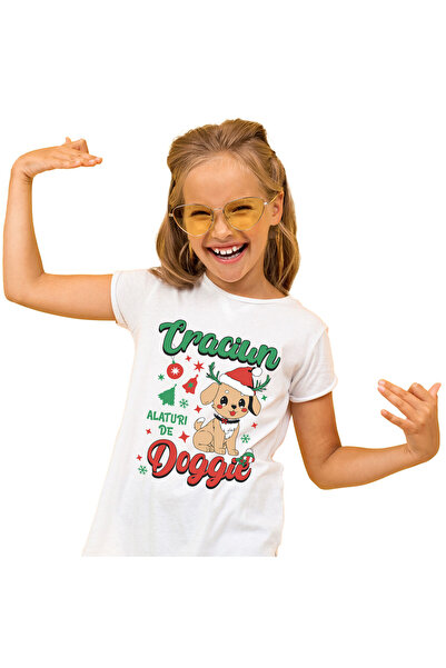 StoryGift Romania Tricou Copii cu Caine cu Caciula De Craciun, Doggie, Sarbat...