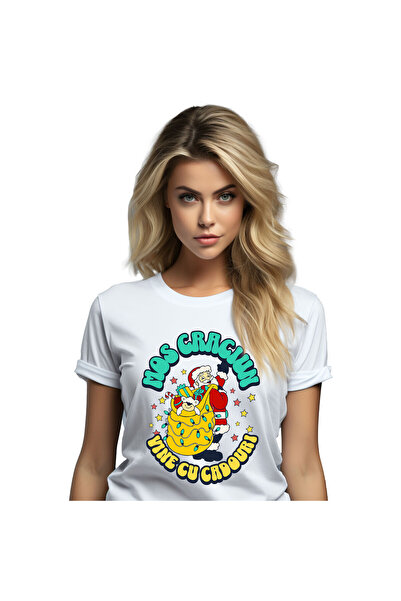 StoryGift Romania Tricou Femei cu Mos craciun Vesel cu Sac Galben Plin De cad...
