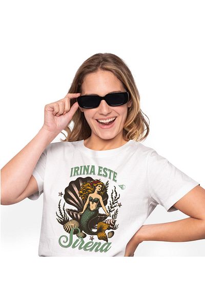 StoryGift Romania Women's T-shirt with Mermaid in Green Costume Under the Pearl, Imaginary World, Children with i,White_S