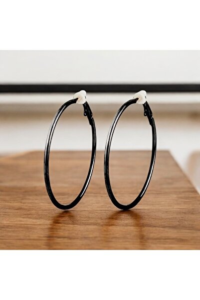 1PARÇAMAVİ 6cm Black Clip-On Non-Hole Women's Hoop Earrings for Ear