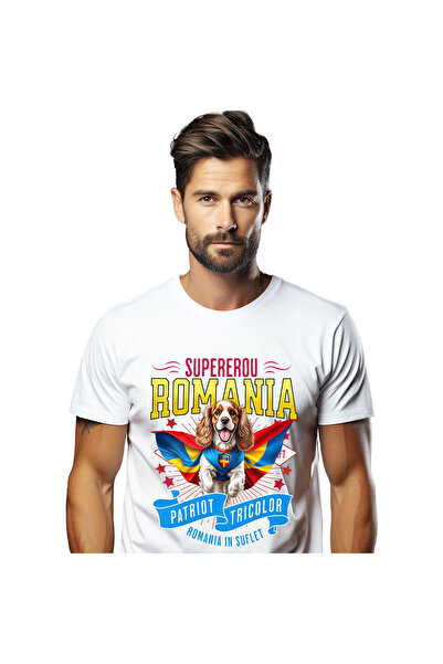 StoryGift Romania Tricou Barbati cu Cocker Spaniel / Cocker Spaniel Caine In Costum de Capitan Rom,White_M